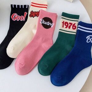 5pairs Mixed Letter & Numeric Print Casual Crew Socks For Women